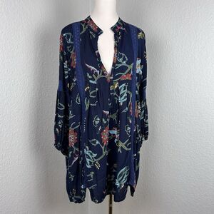 Ananda's Collection Women's Blue Floral Dress Tunic Long Sleeve Deep V Neck L